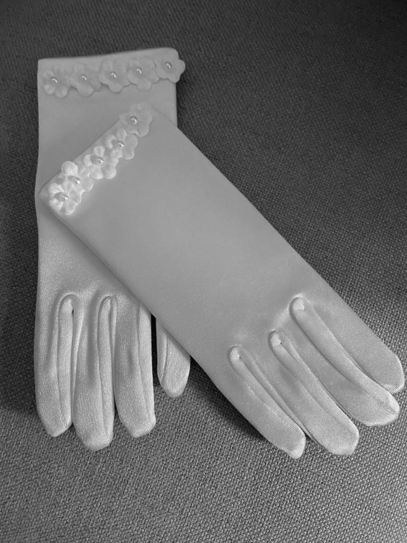 Girls White Satin Holy Communion Gloves with Little Flowers - Kelly
