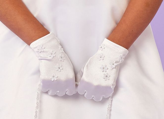 Girls White Satin Holy Communion Gloves with Little Flowers