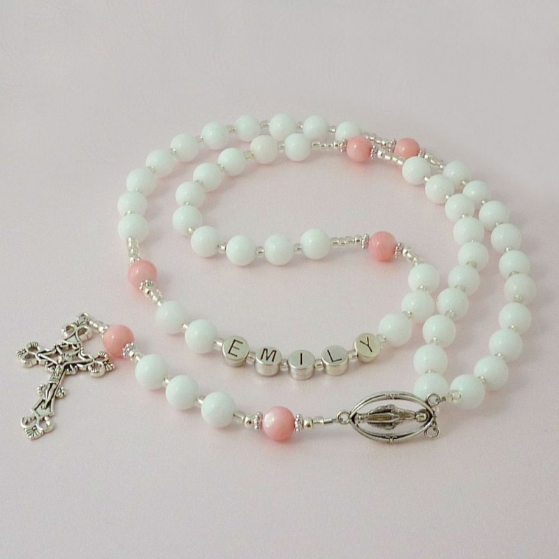 Personalised Name Rosary with White Jade and 