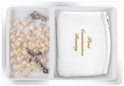 imitation pearl rosary beads & white purse