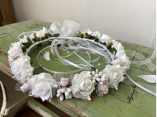 Pink & White Rose Flower Crown with organza ribbons