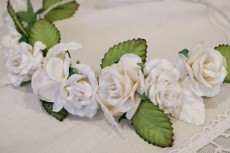 White Rose Flower Crown with Satin Ribbon Tie