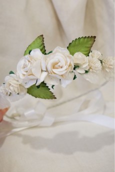White Rose Sided Flower Crown with Satin Ribbon Tie