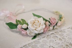 Pink & White Rose Sided Flower Crown with Satin Ribbon Tie