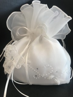 Ivory Organza Communion Dolly Bag with Lace Flowers