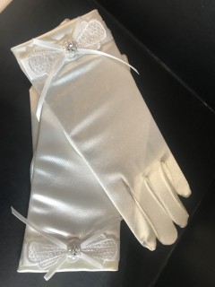 Girls Ivory Satin Holy Communion Gloves with lace Detail