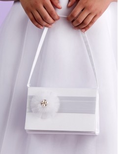 White Communion Hard Bag with Organza Flower and Pearls