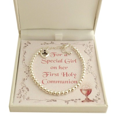 First Holy Communion Bracelet with Silver Beads on Choice of Card Mounts.