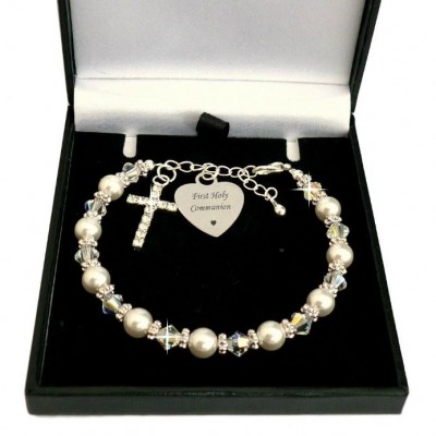 Engraved First Holy Communion Bracelet with Sparkly Cross