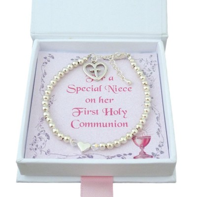 Cross in Heart Holy Communion Pearl Bead Bracelet