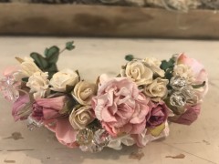 Handmade Floral Bun Ring with Light Pink & White Flowers & Glass Beads