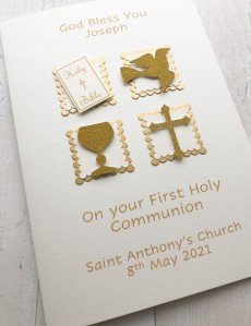***UK CUSTOMERS ONLY*** Personalised Religious Boy First Holy Communion Card  - Gold four squares - Chalice, Bible, Dove