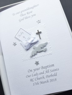 Silver Christening Card for Girl - Bible & Dove