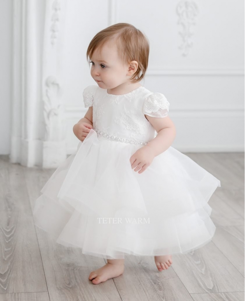 Due Firme - Baby Girl White Rosette Guipure Lace Baptism Gown